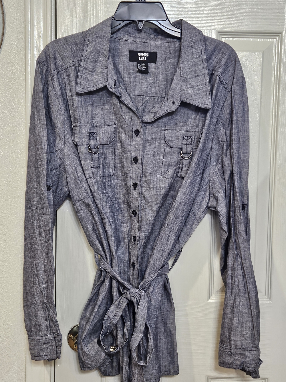 Miss Lili Gray Button-Down Tie-Waist Shirt